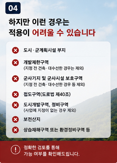 도시군계획시설 부지, 개발제한구역, 군사시설 보호구역, 접도구역, 보전산지 등 양성화 적용이 어려운 경우